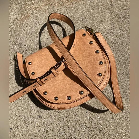 Rebecca Minkoff Tan Pebbeled Leather Saddle Bag Studded Crossbody Purse - Picture 11 of 17